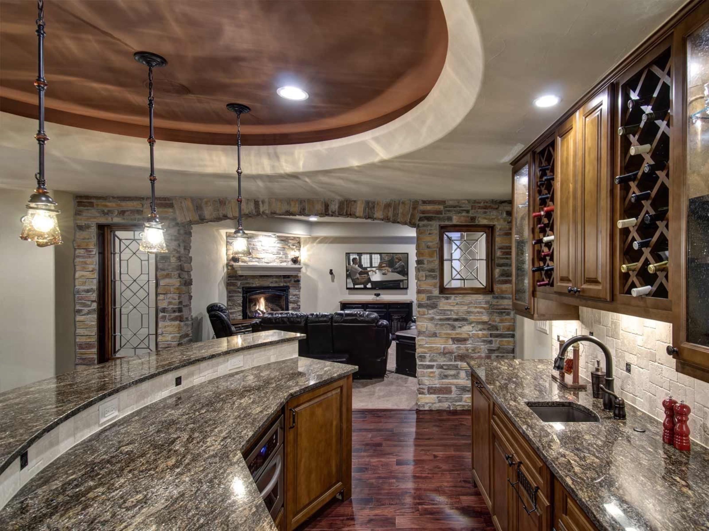 Full-size basement wet bar with wine bar shelving